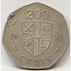 GHANA 1998 . TWO HUNDRED 200 CEDIS COIN . ERROR . BLOB ON RIM